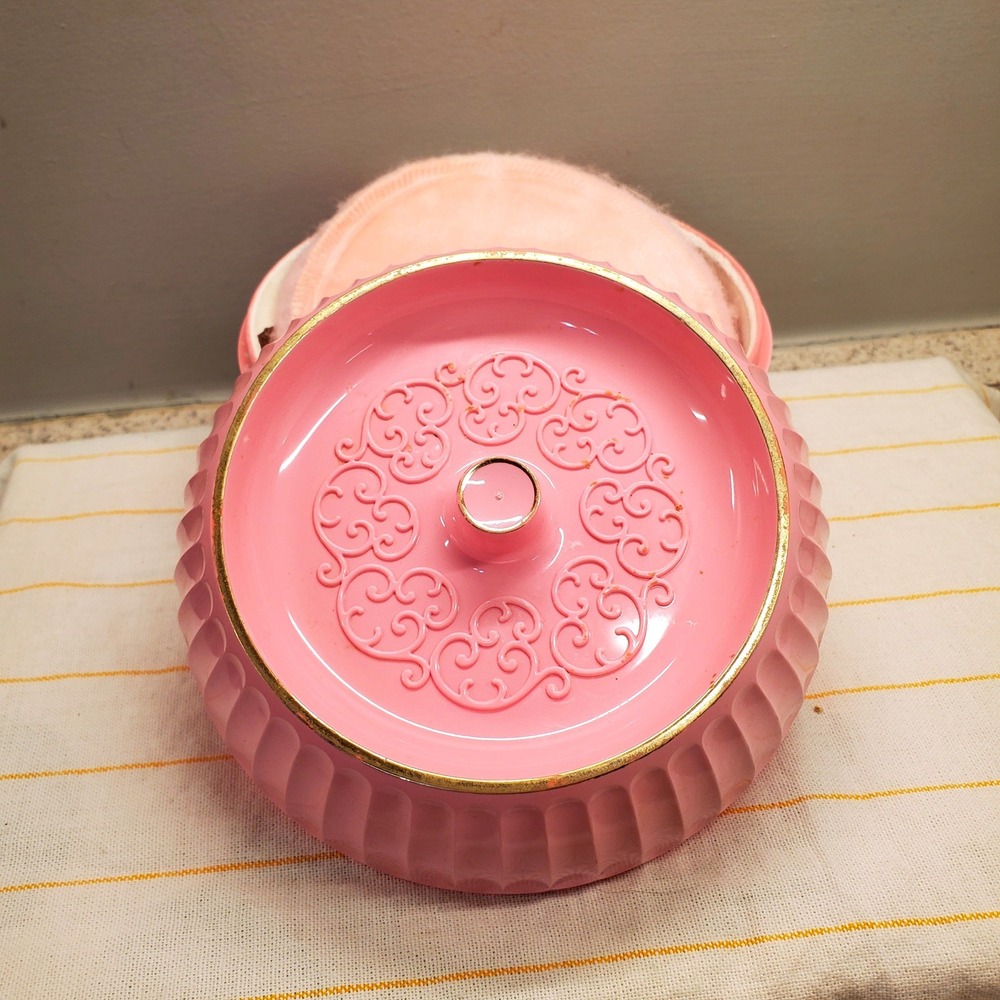 Vtg April Showers Dusting Powder Container Pink Plastic Fluted Vanity Jar Puff - Picture 8 of 8